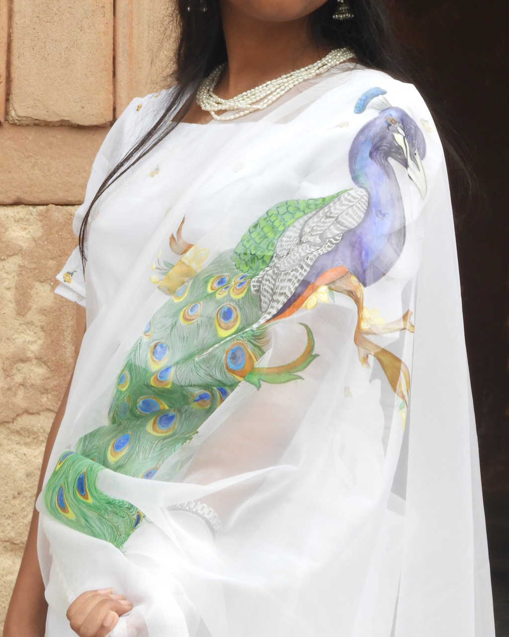 Pichwai Peacock White Saree | Organza