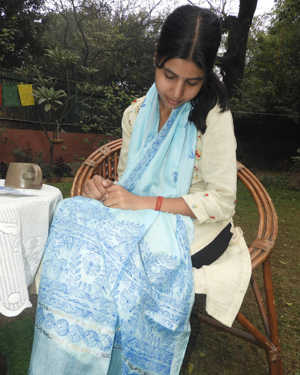 Light Blue Madhubani Stole (Cotton Silk)