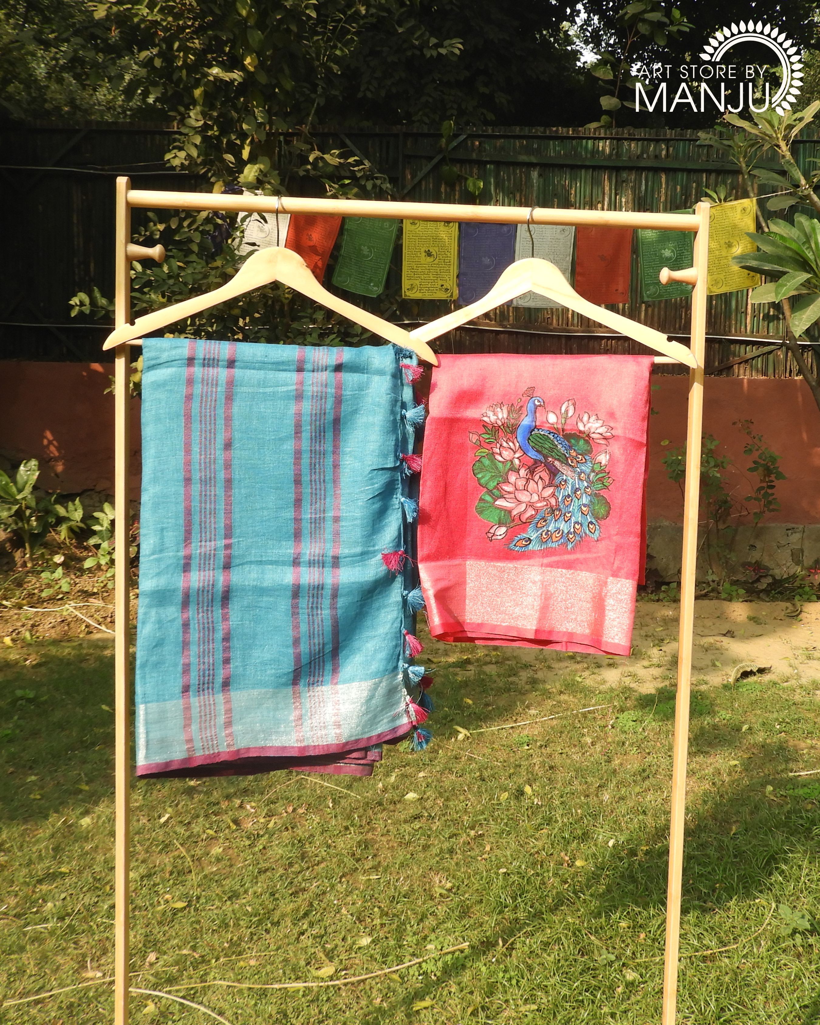 Blue Saree and Pichwai Peacock Magenta Blouse (Unstitched)