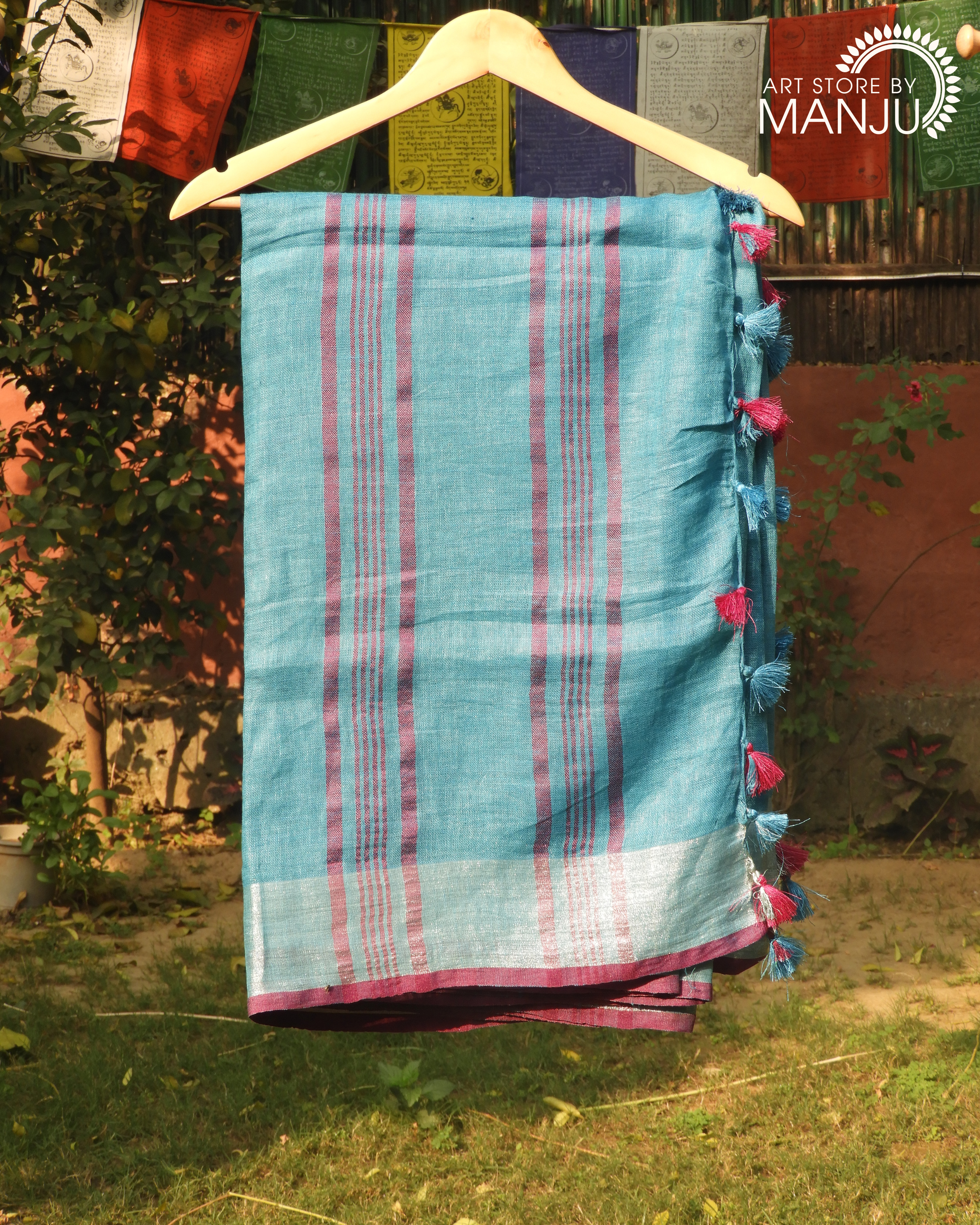 Blue Saree and Pichwai Peacock Magenta Blouse (Unstitched)