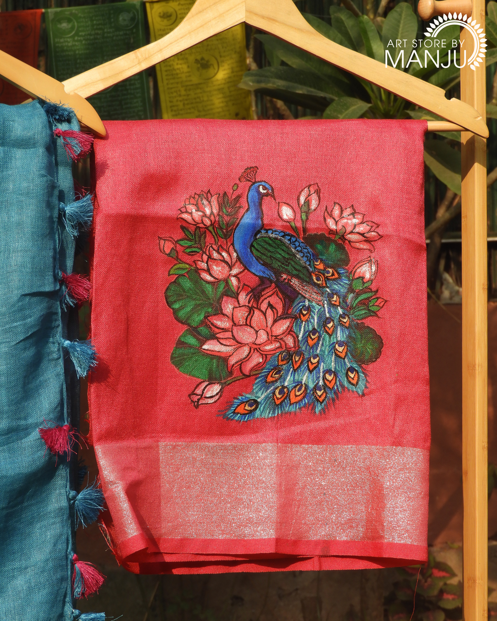 Blue Saree and Pichwai Peacock Magenta Blouse (Unstitched)