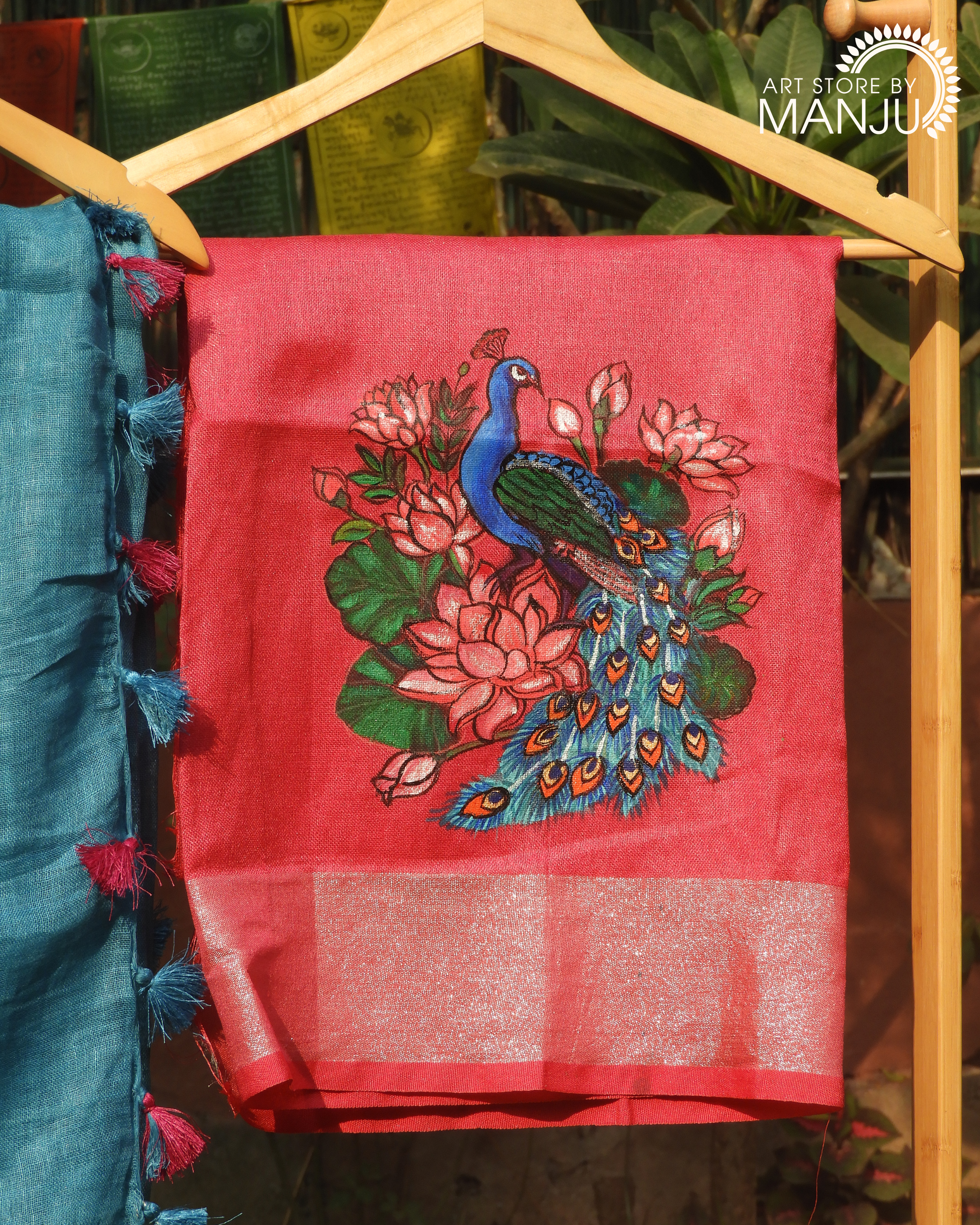 Blue Saree and Pichwai Peacock Magenta Blouse (Unstitched)