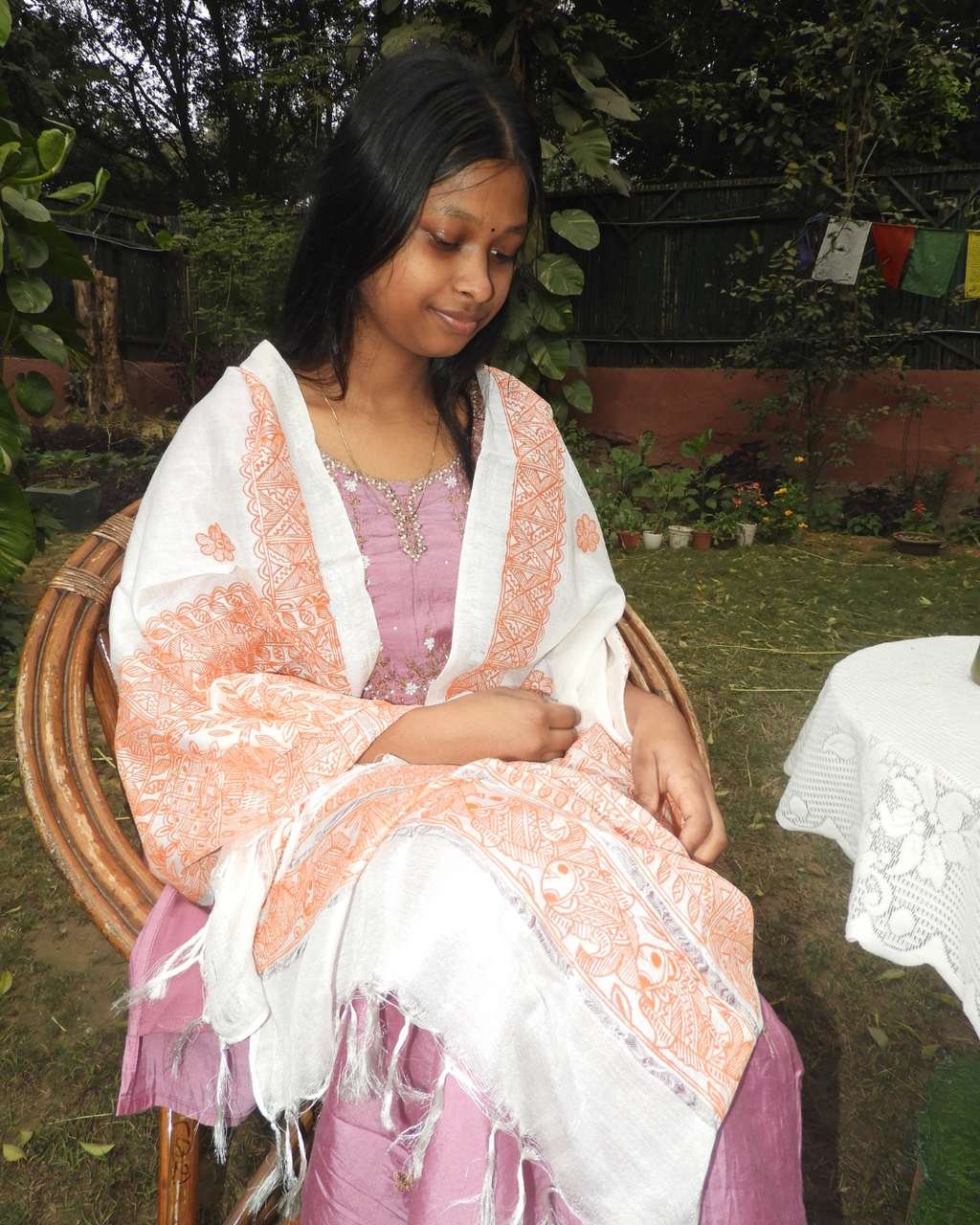 Orange Madhubani Stole (Cotton Silk)
