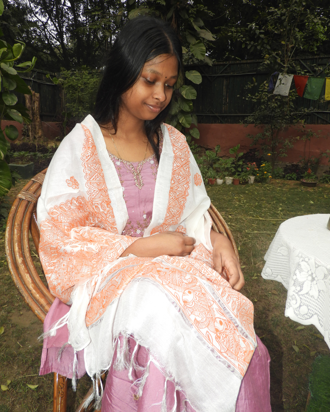 Orange Madhubani Stole (Cotton Silk)