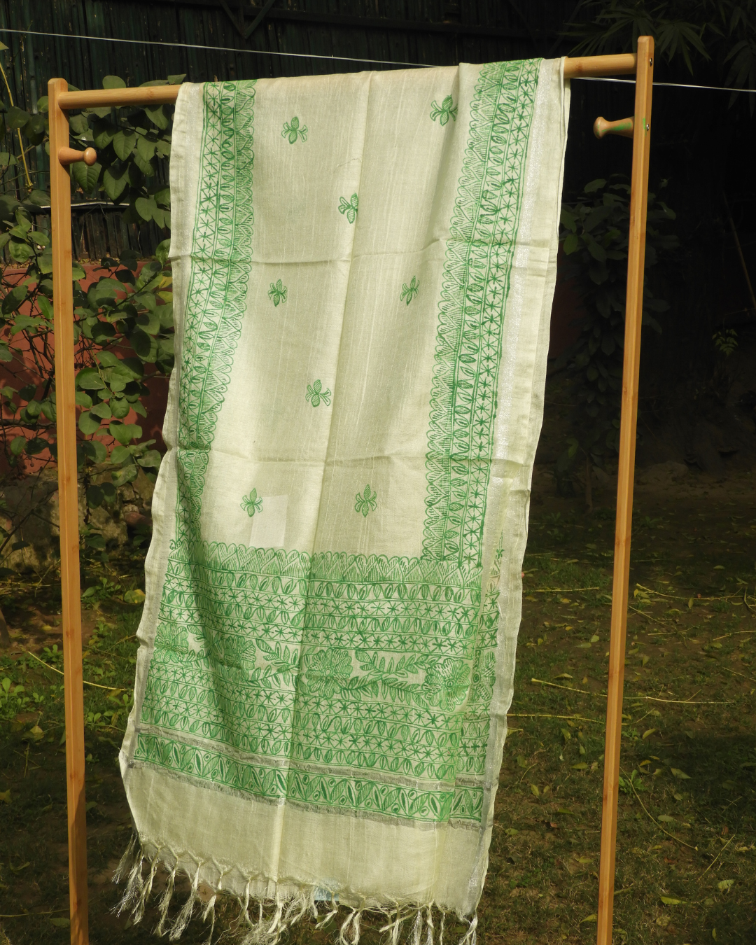 Green Madhubani Stole (Cotton Silk)