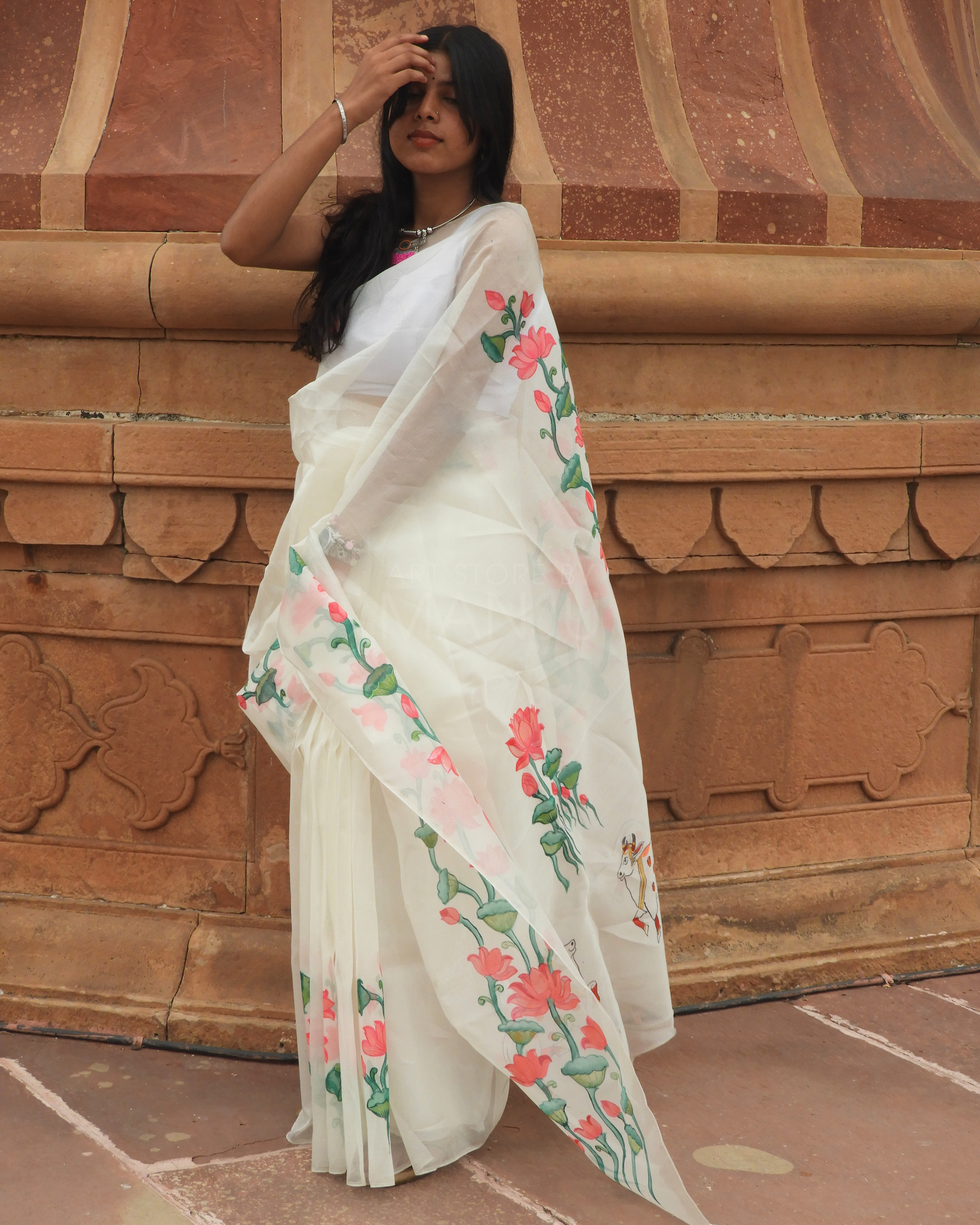 Pichwai Lotus White Saree | Organza