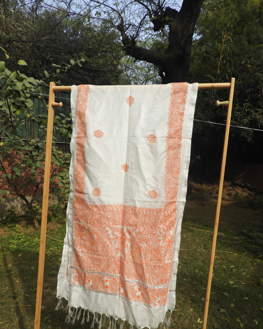 Orange Madhubani Stole (Cotton Silk)