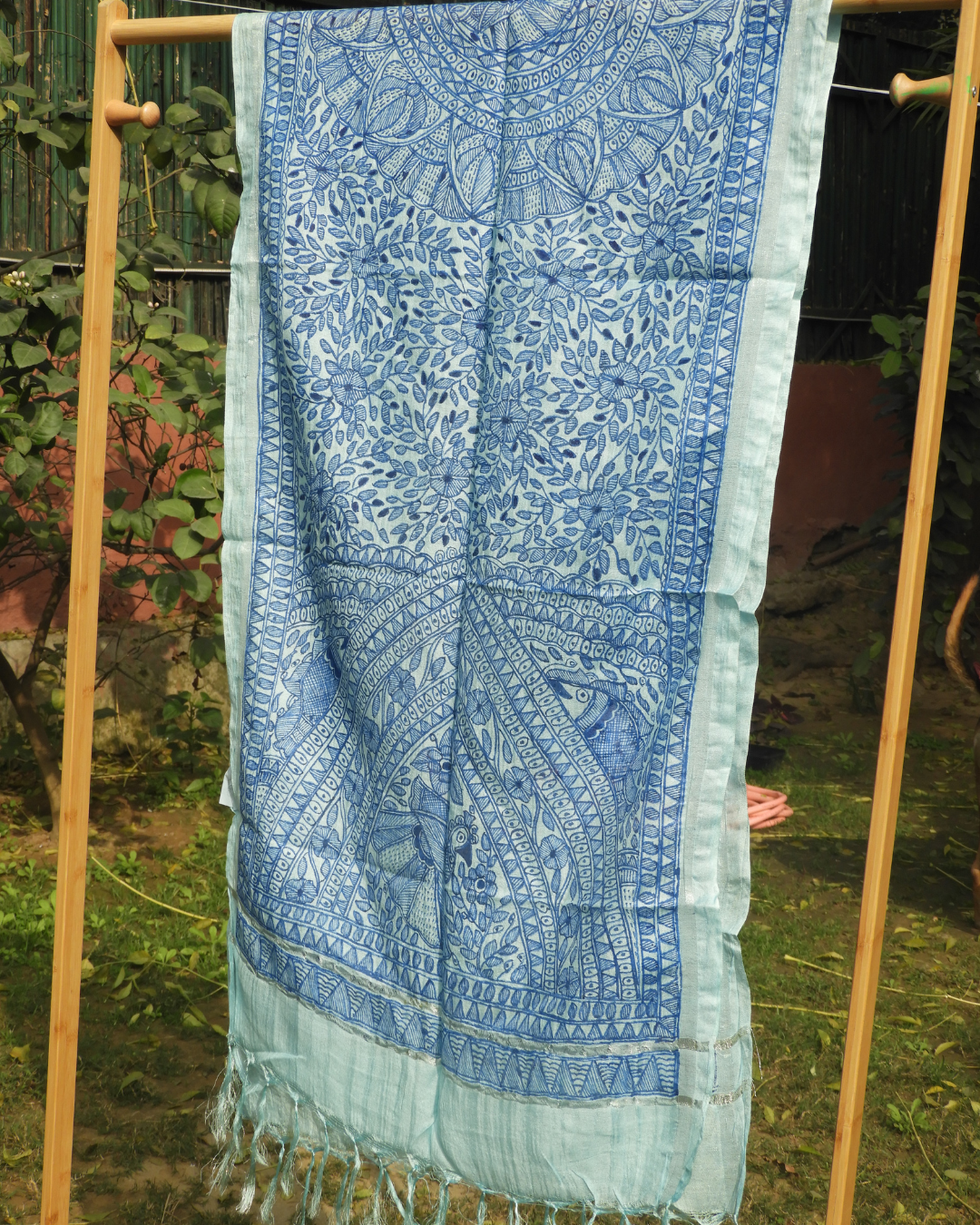 Blue Madhubani Stole (Cotton Silk)