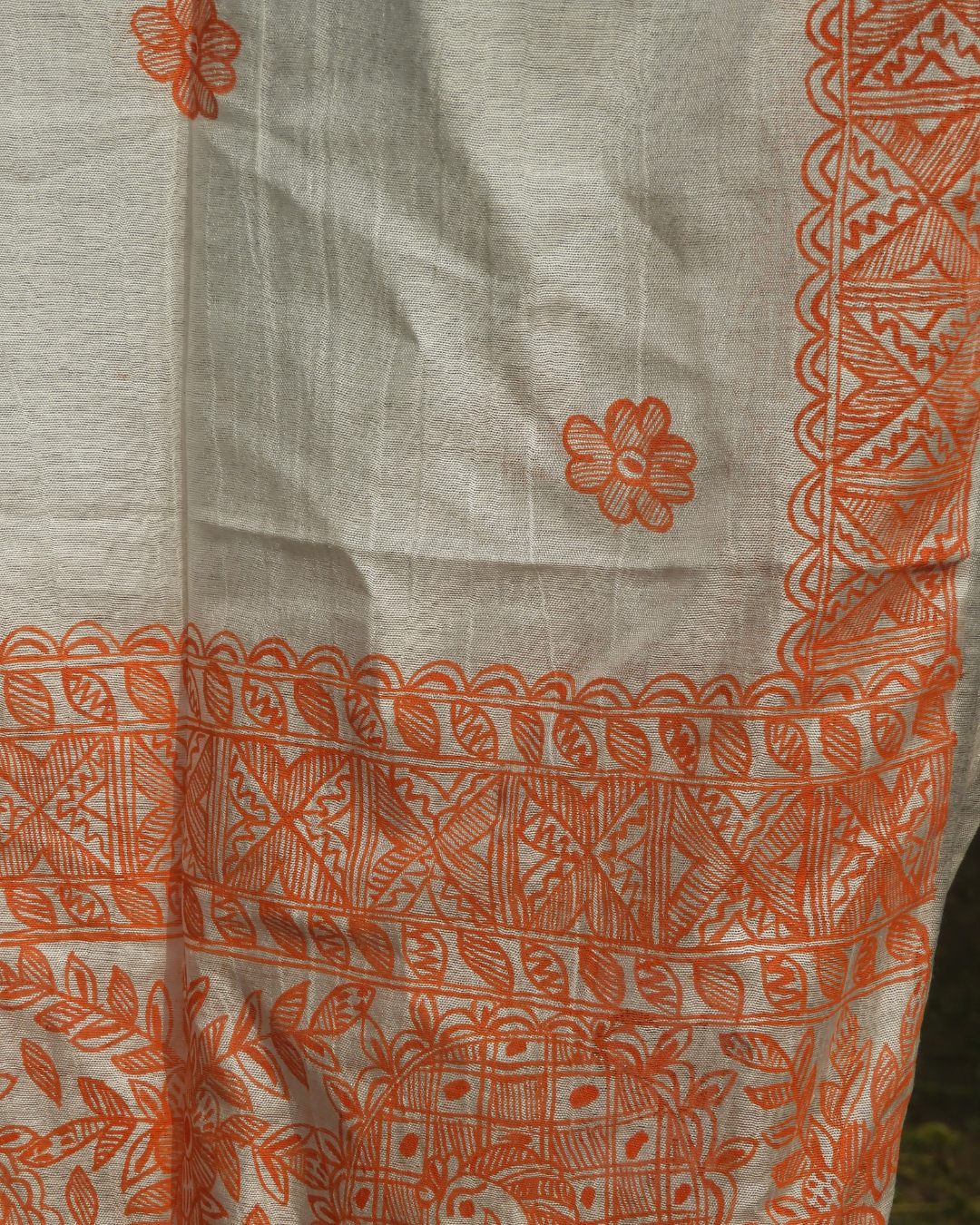 Orange Madhubani Stole (Cotton Silk)