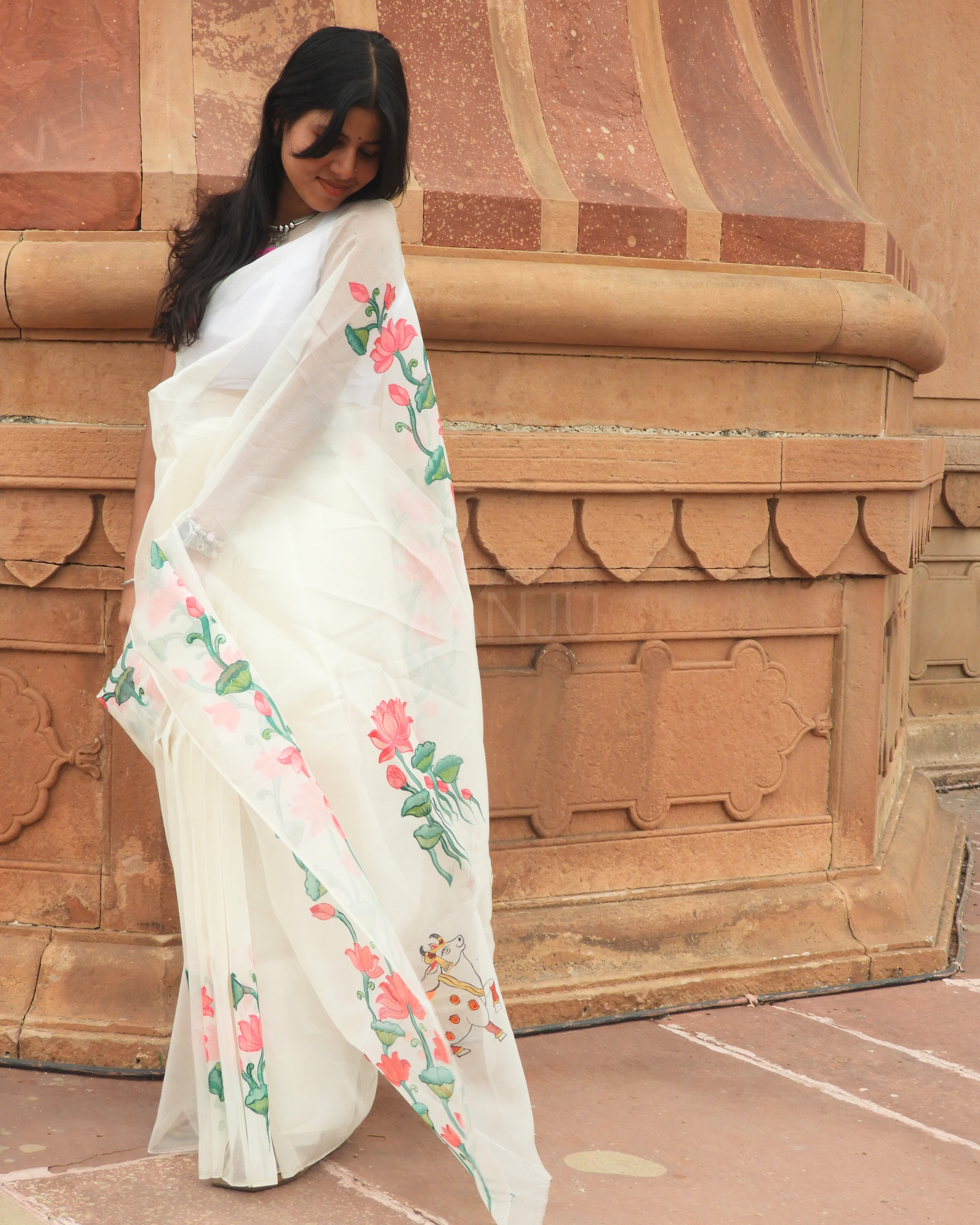 Pichwai Lotus White Saree | Organza