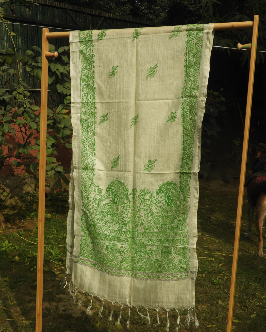 Green Madhubani Stole (Cotton Silk)