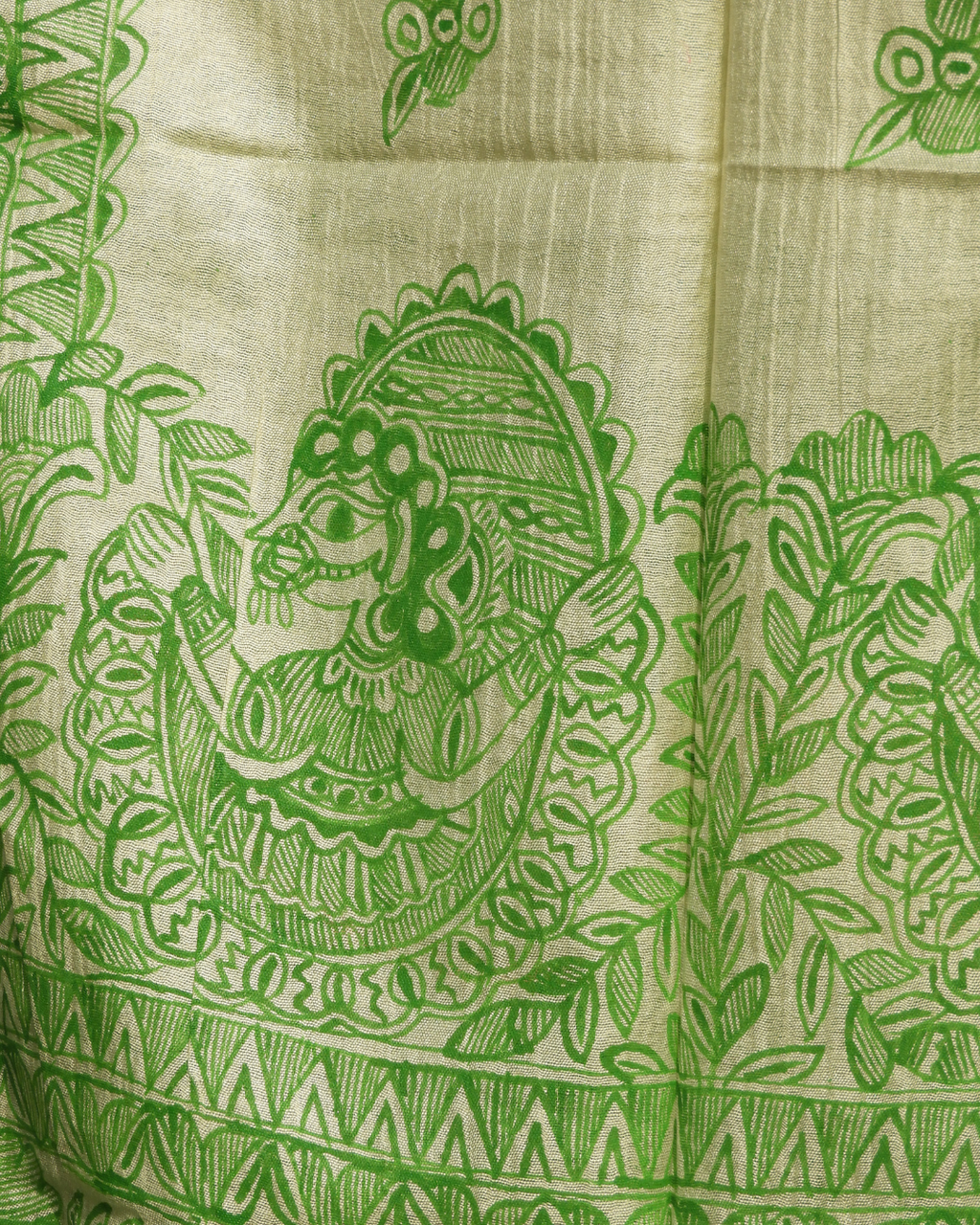 Green Madhubani Stole (Cotton Silk)