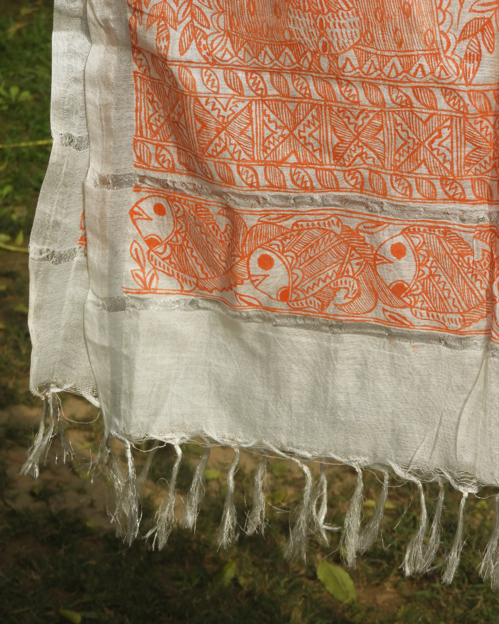 Orange Madhubani Stole (Cotton Silk)