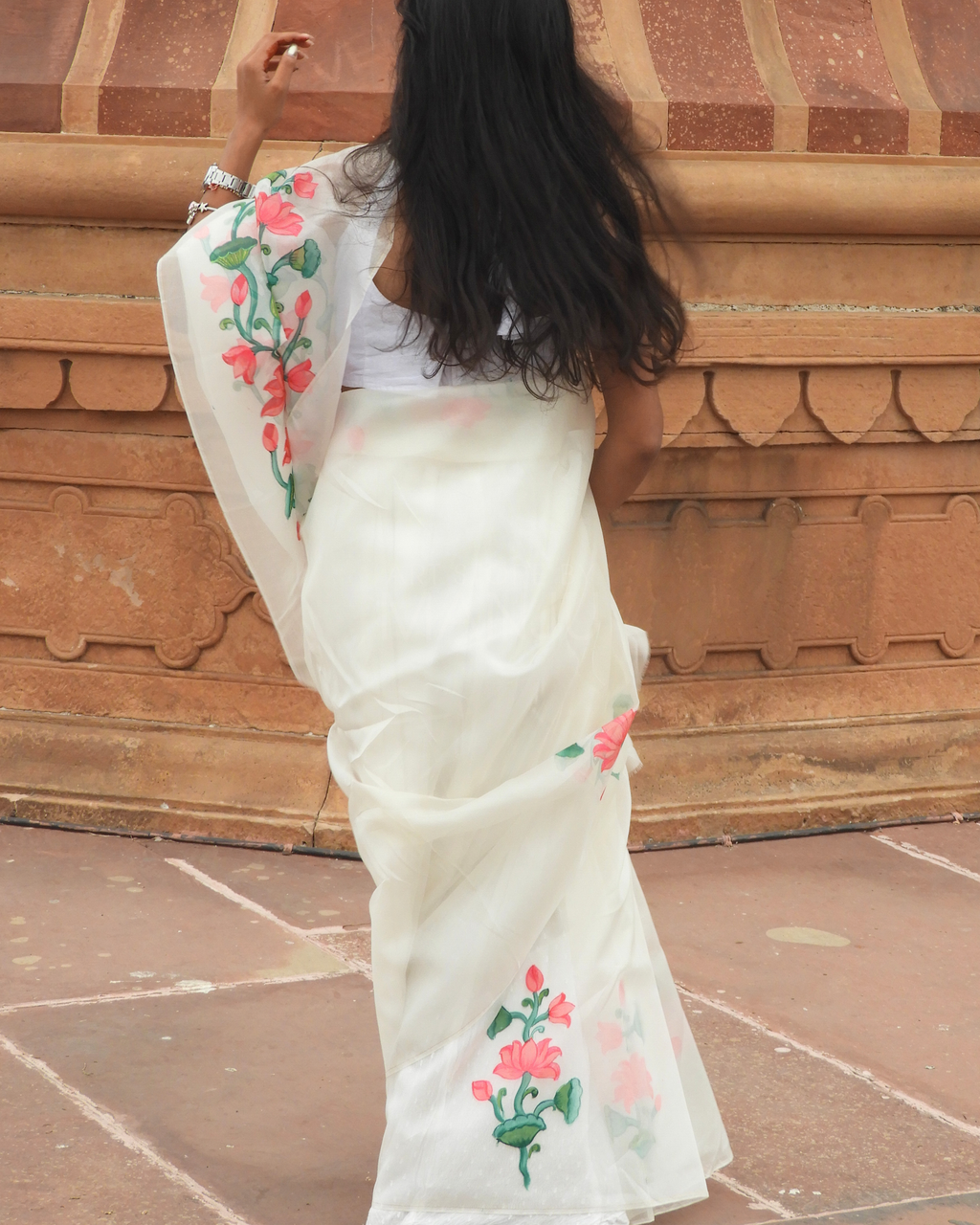 Pichwai Lotus White Saree | Organza