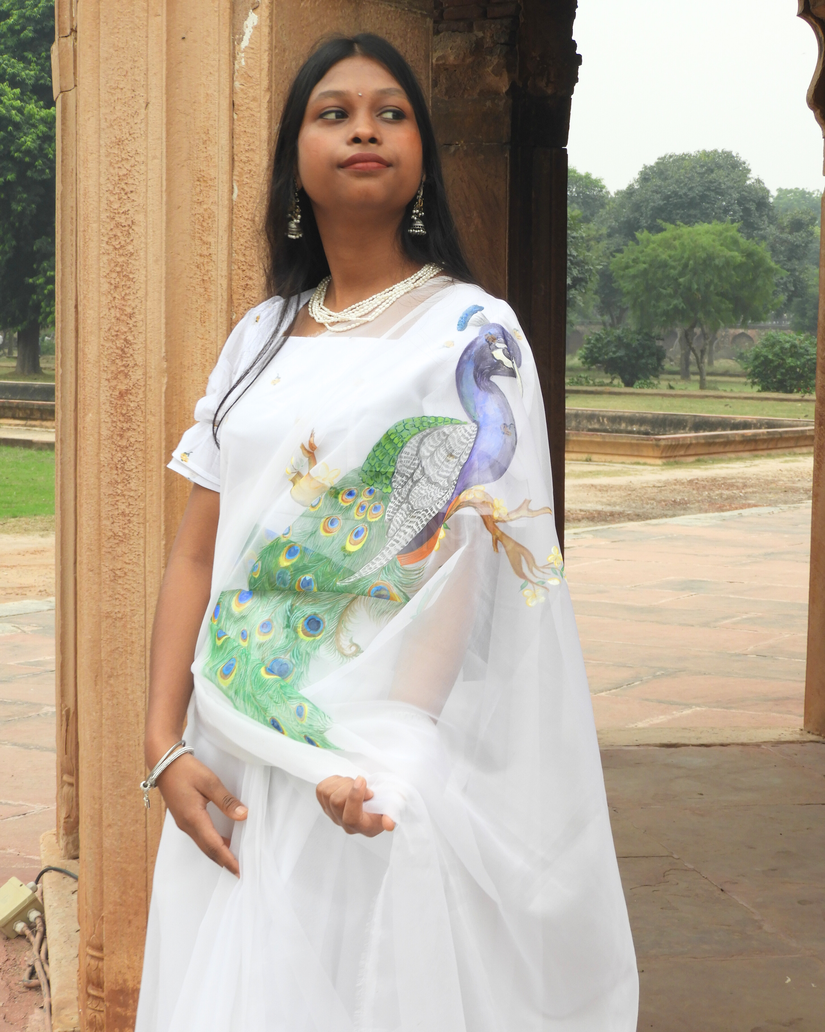 Pichwai Peacock White Saree | Organza