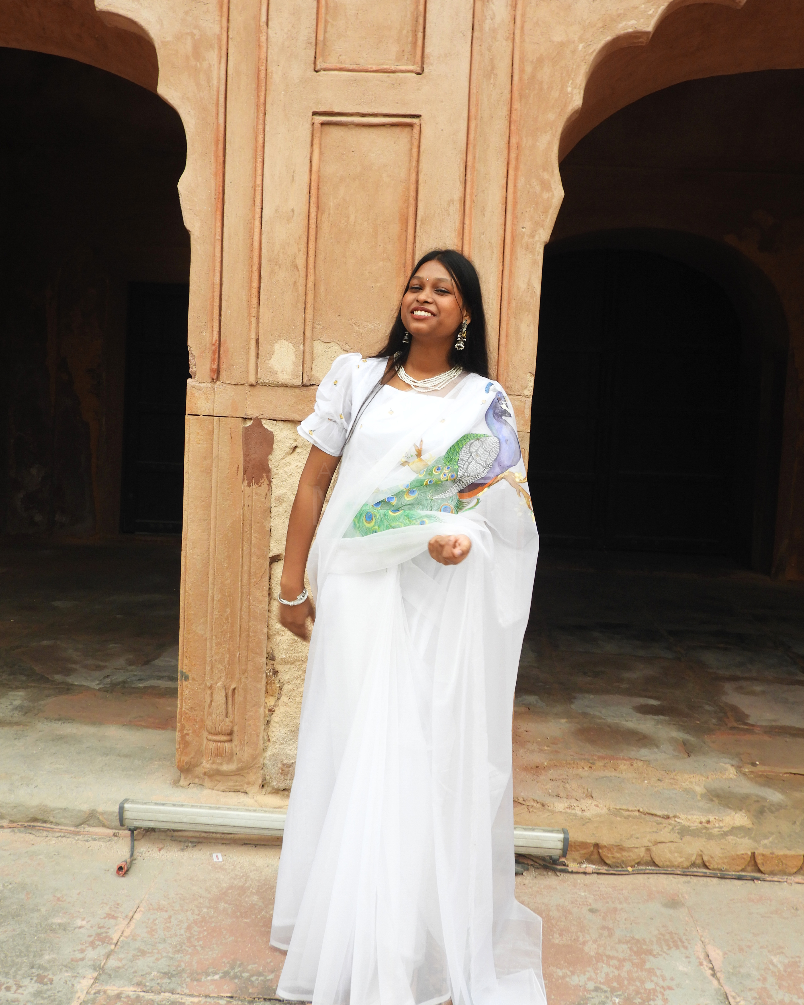 Pichwai Peacock White Saree | Organza