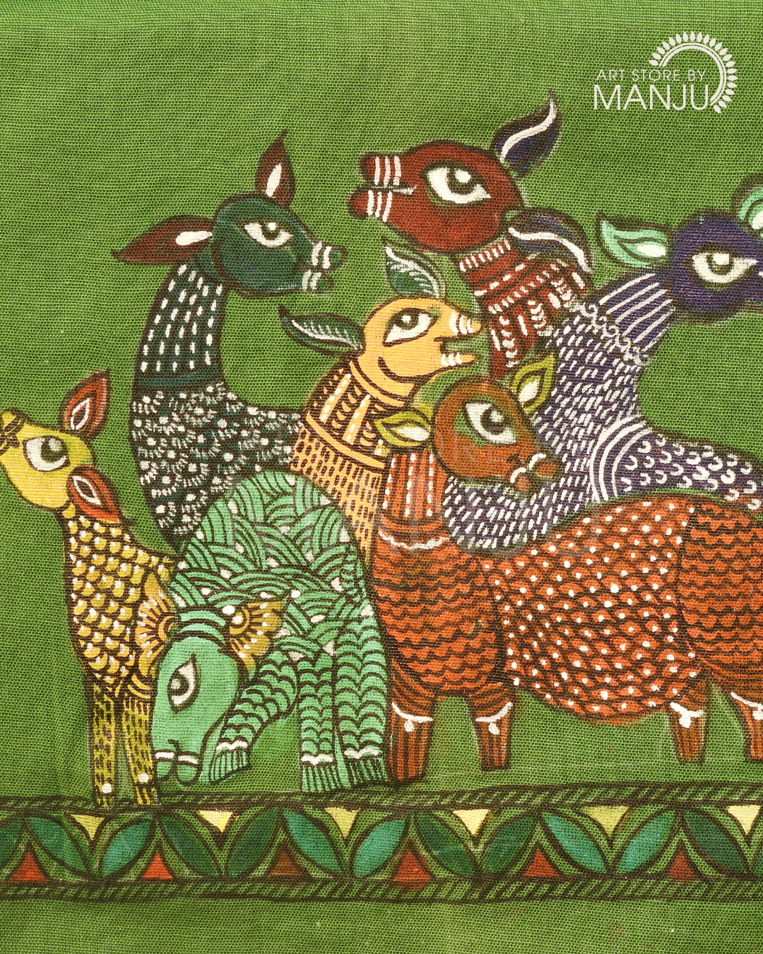 Mehandi Green Deer Gond Blouse (Unstitched)