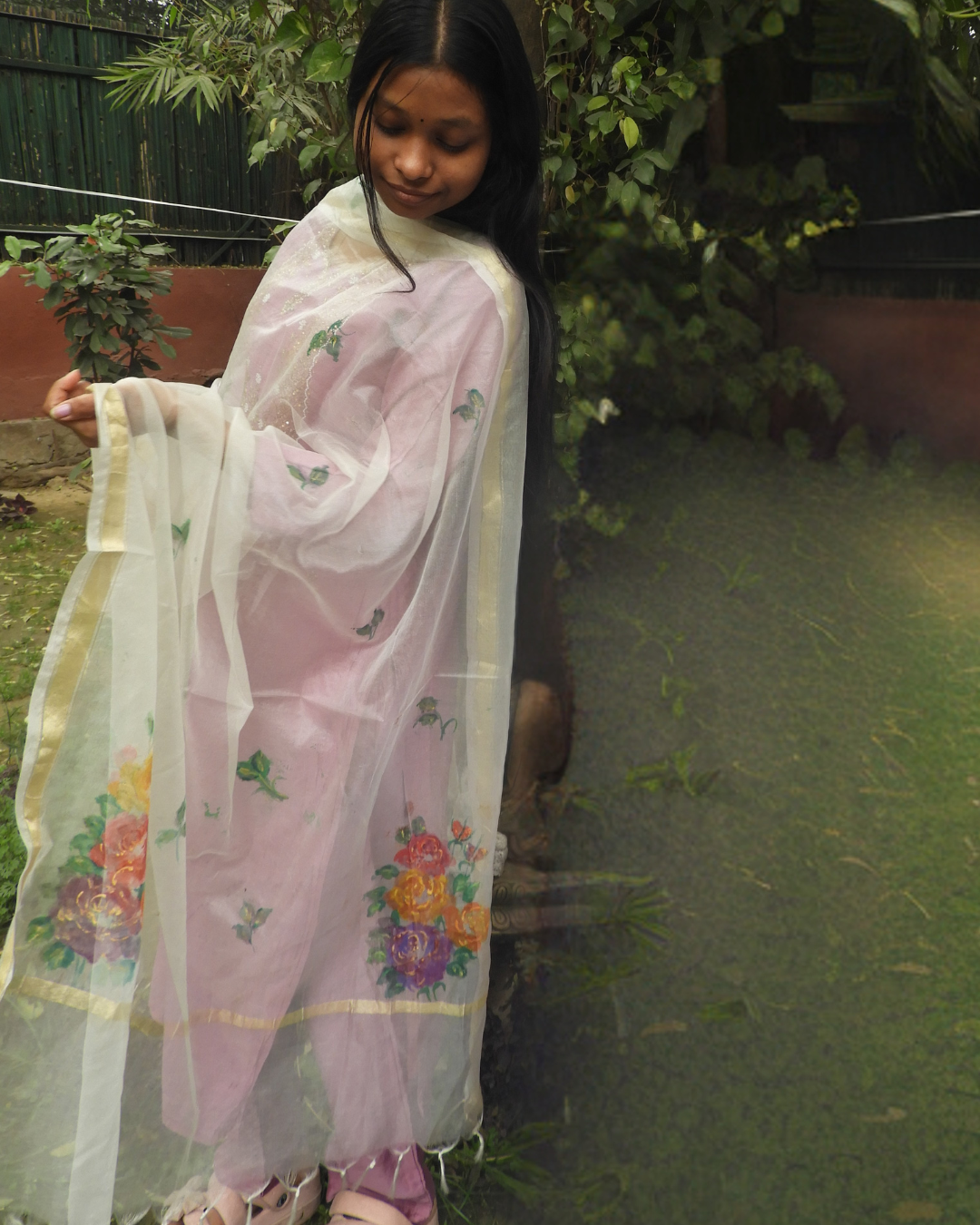 Floral Organza Dupatta | Orange, Pink and Purple