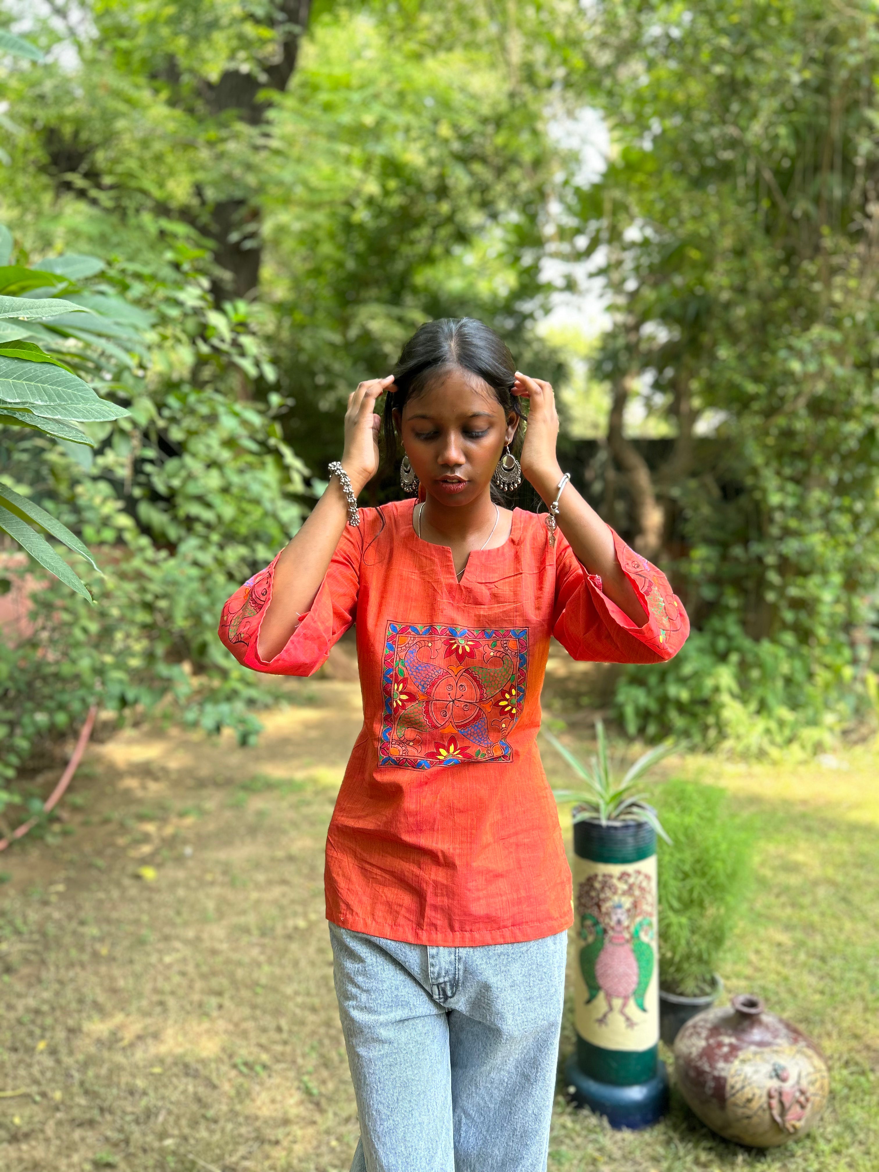 Madhubani Fish Art Cotton Short Kurti