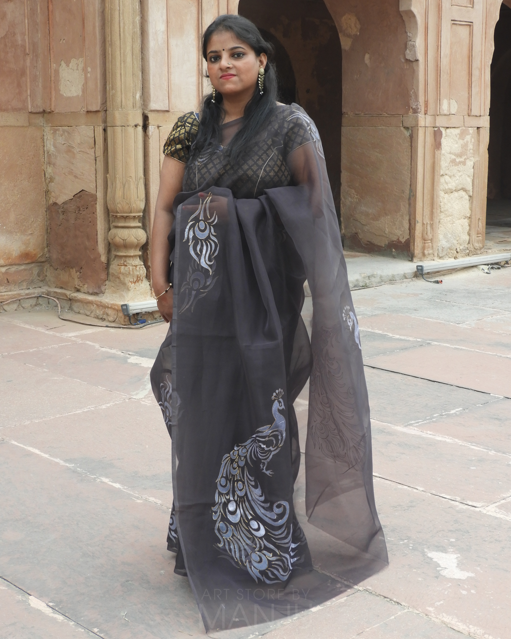 Hand-Painted Peacock Black and Gold Saree | Organza