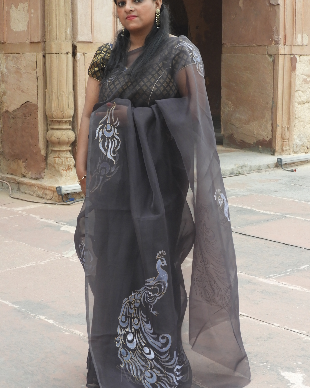 Hand-Painted Peacock Black and Gold Saree | Organza