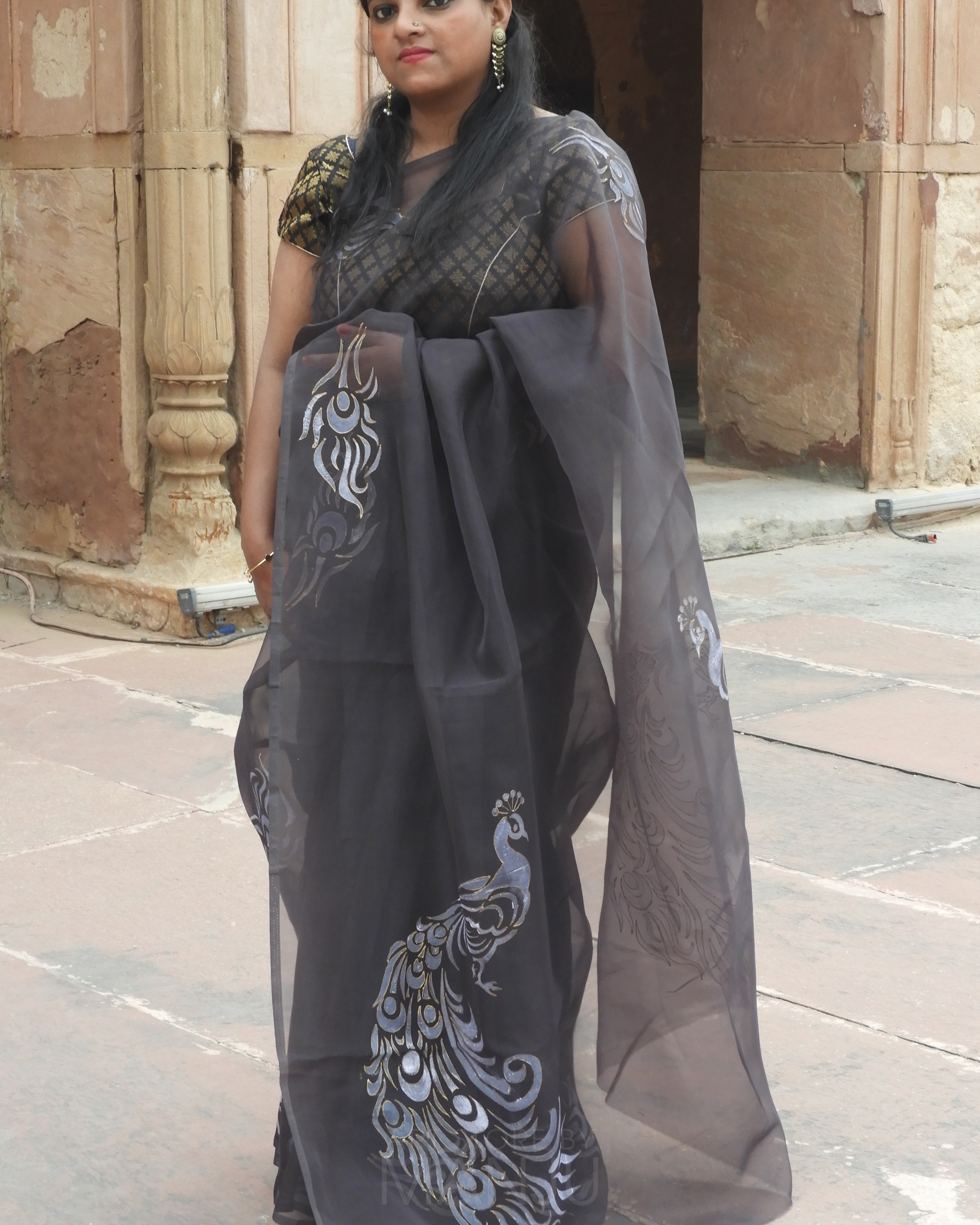 Hand-Painted Peacock Black and Gold Saree | Organza