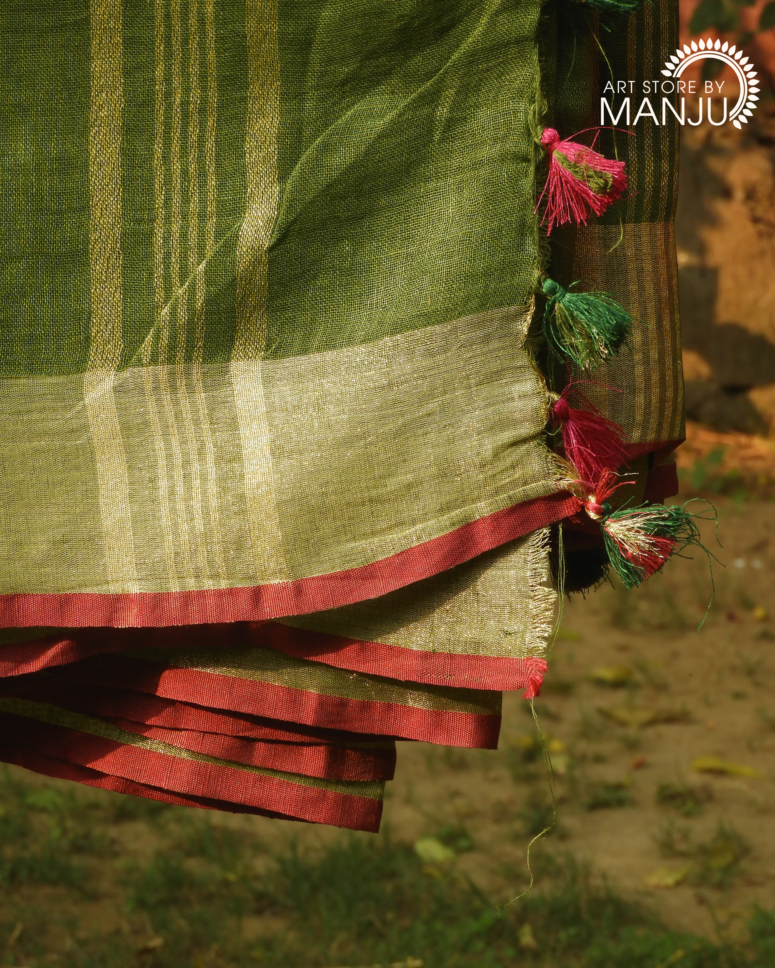 Olive Green Saree with Pattachitra Magenta Blouse (Unstitched)