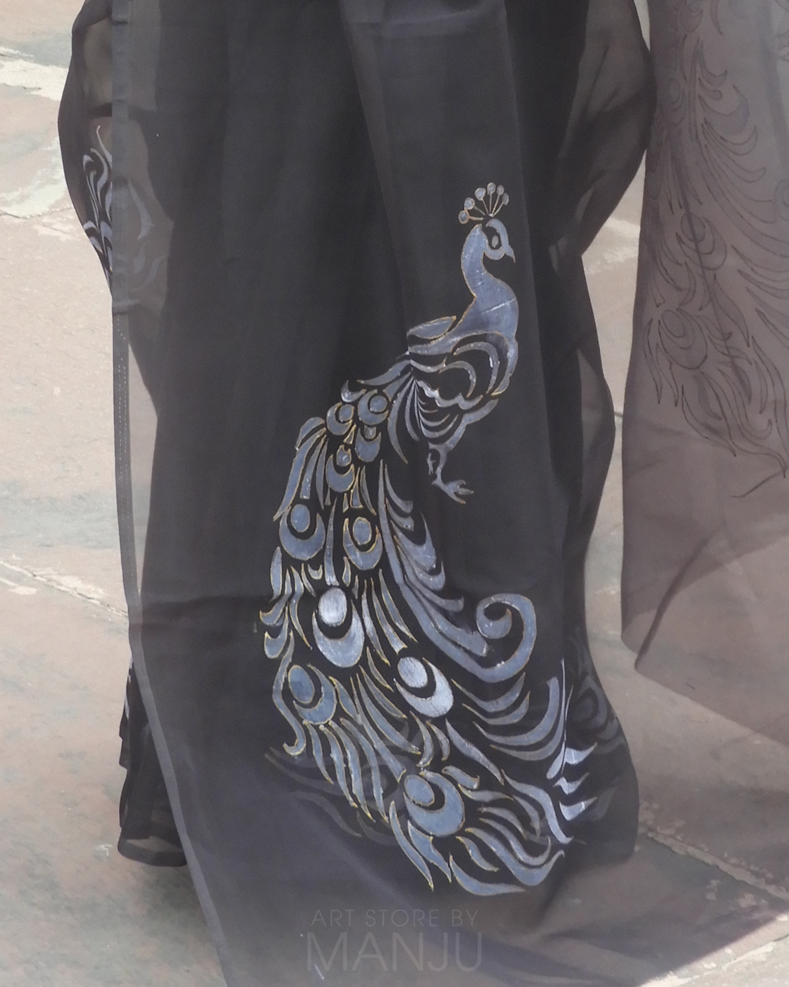 Hand-Painted Peacock Black and Gold Saree | Organza