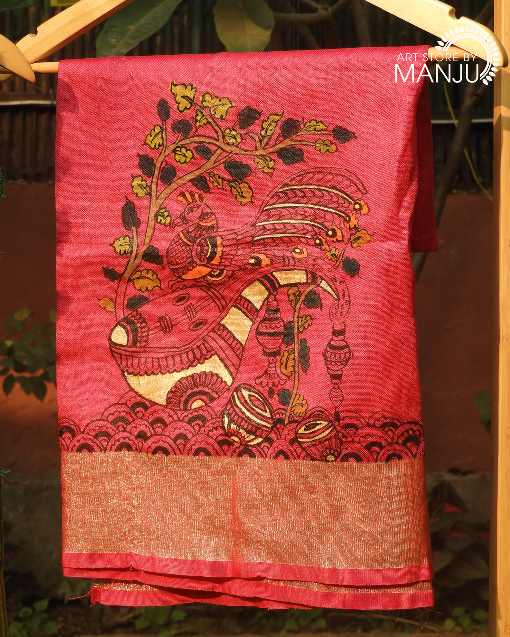 Olive Green Saree with Pattachitra Magenta Blouse (Unstitched)
