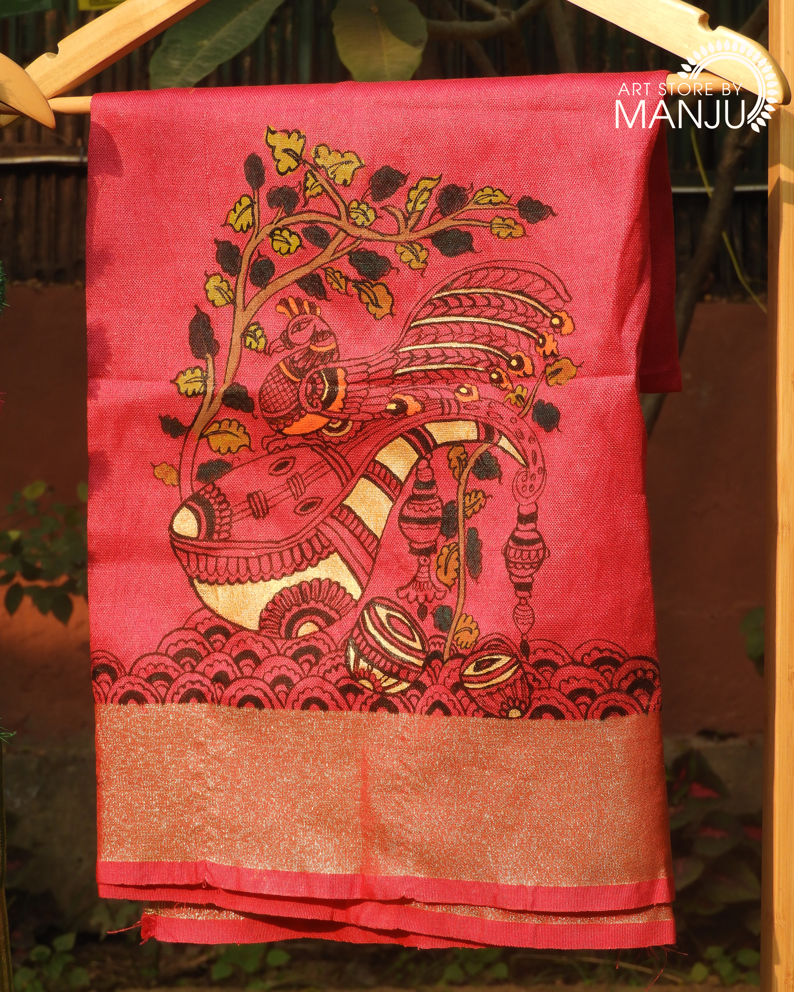 Olive Green Saree with Pattachitra Magenta Blouse (Unstitched)