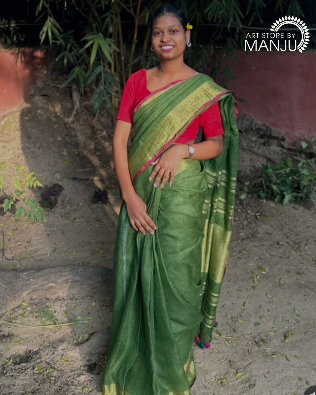 Olive Green Saree with Pattachitra Magenta Blouse (Unstitched)