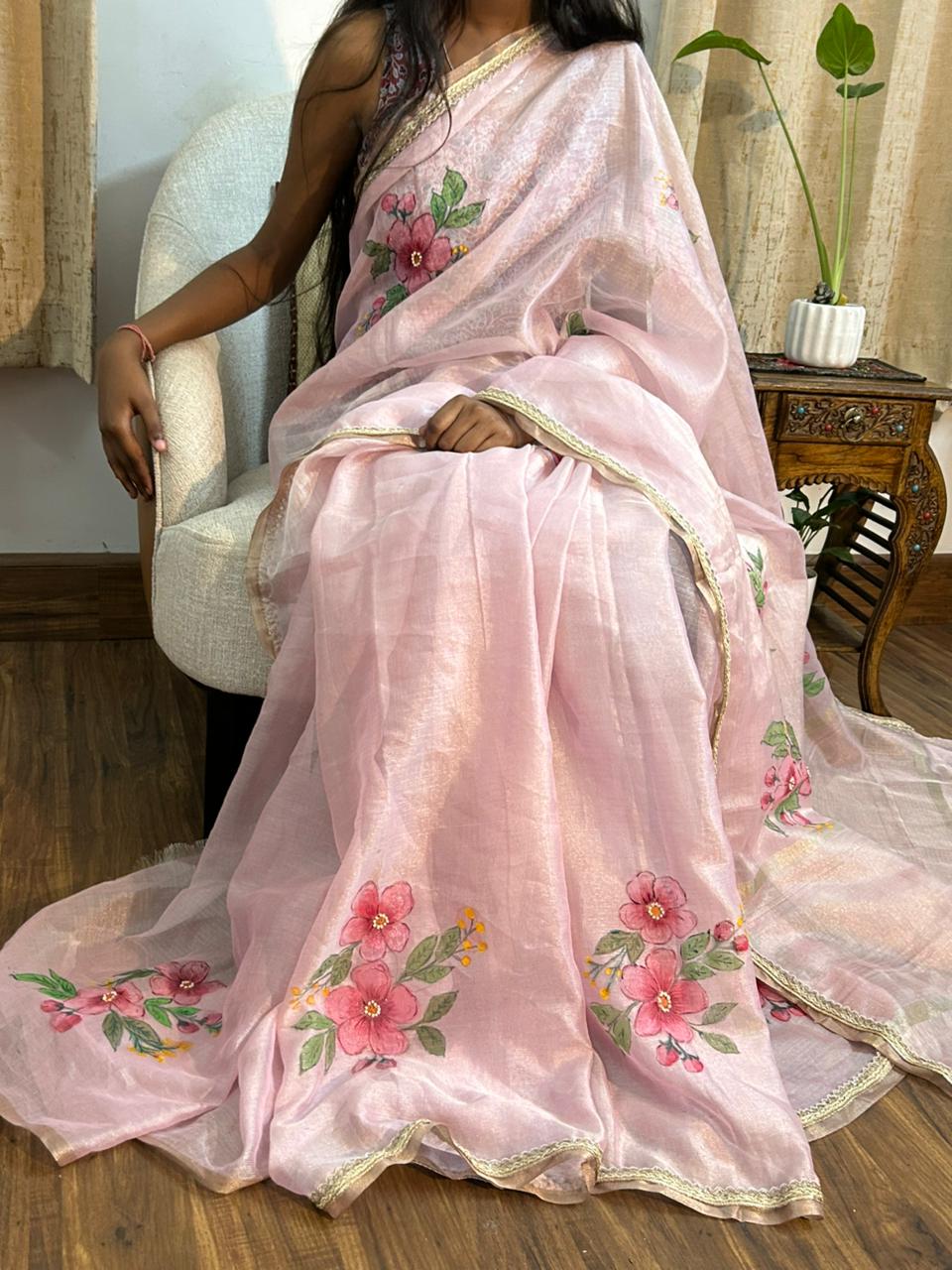 Pink Floral Kota Silk Saree