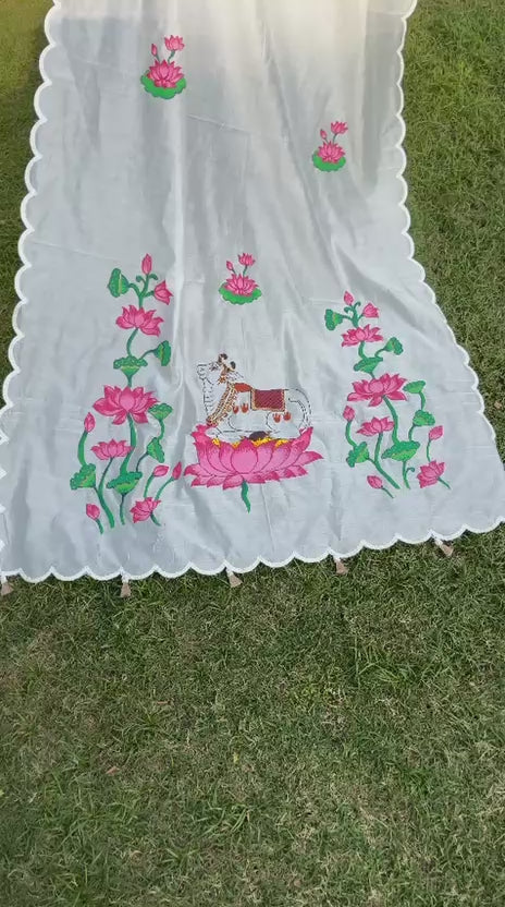 Mul Cotton Dupatta  White Colour (tassels hanged)