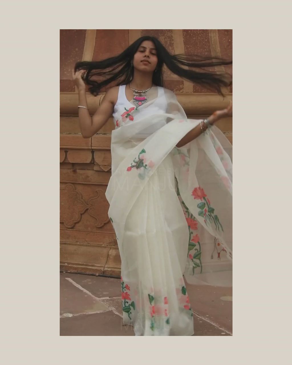 Pichwai Lotus White Saree | Organza
