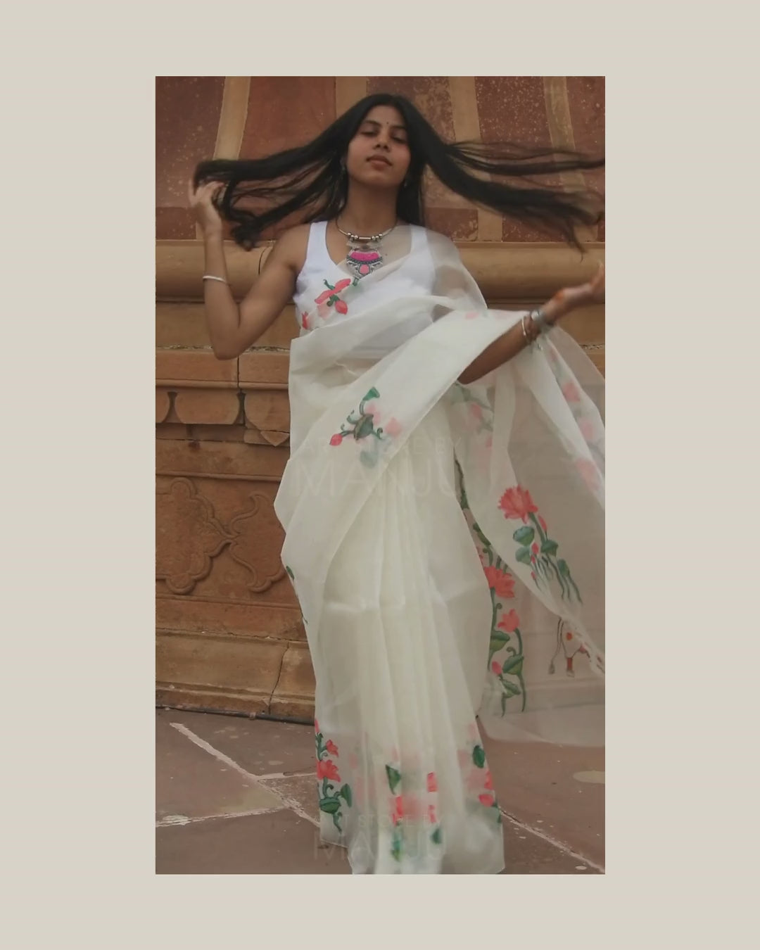 Pichwai Lotus White Saree | Organza